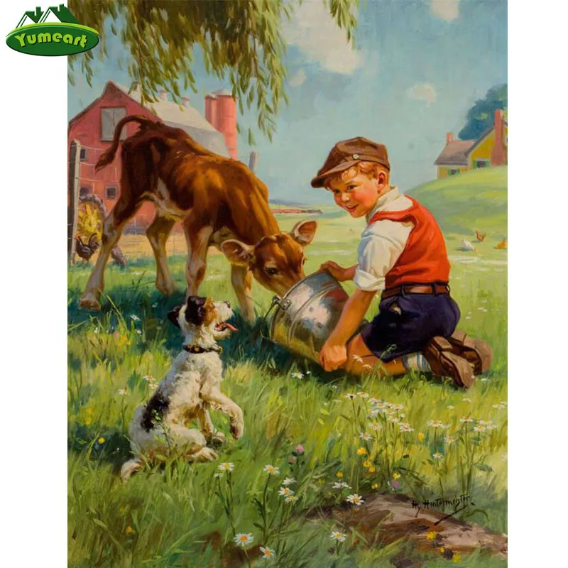 YUMEART Needlework Diamond Embroidery Sale Boy Dog Cow 5D DIY Painting Cross Stitch Pictures Icons Childhood Memories |