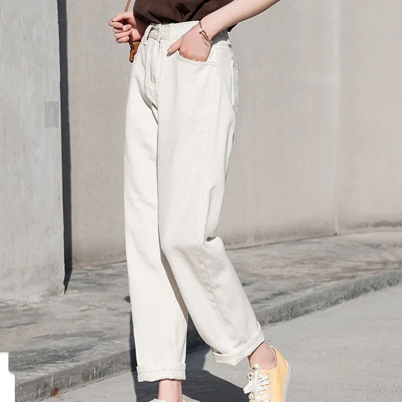 Fall White Mom Jeans Vintage High Waisted Wide Leg Jeans Women Cropped Baggy Straight Leg Jeans Chic Casual Denim Pants