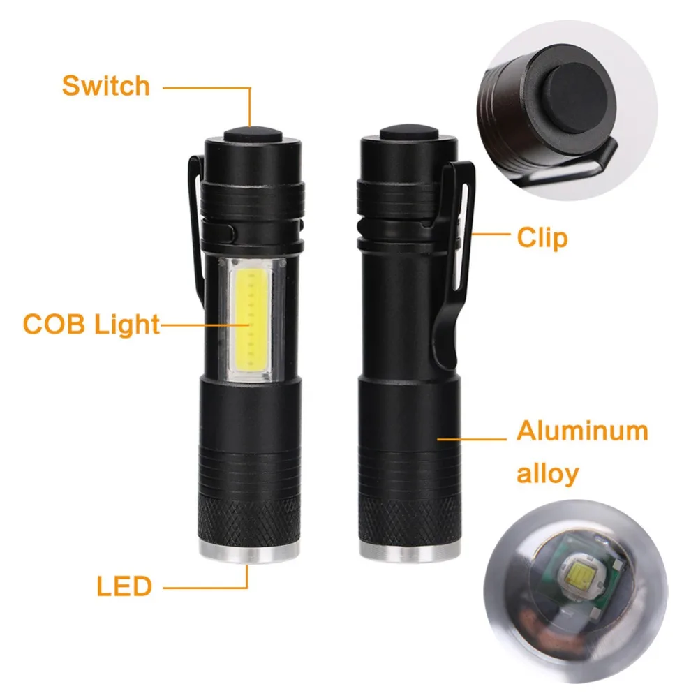800LM Mini Portable LED Flashlight Torch with Clip XPE LED+COB LED
