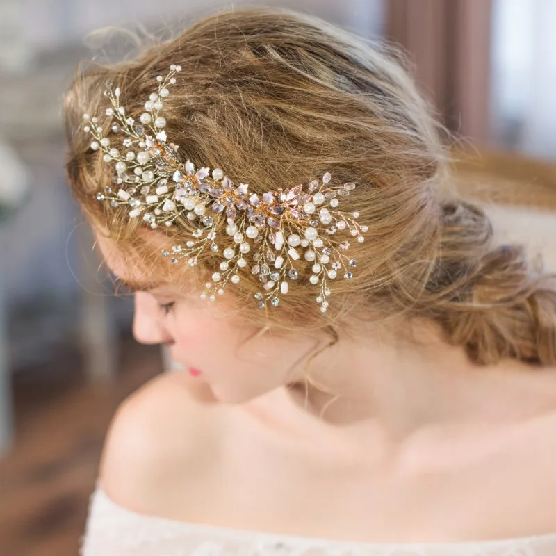 

Golden Leaf Boho Bridal Hair Clip Pearls Jewelry Flower Women Headpiece Handmade Wedding Prom Hair Accessories