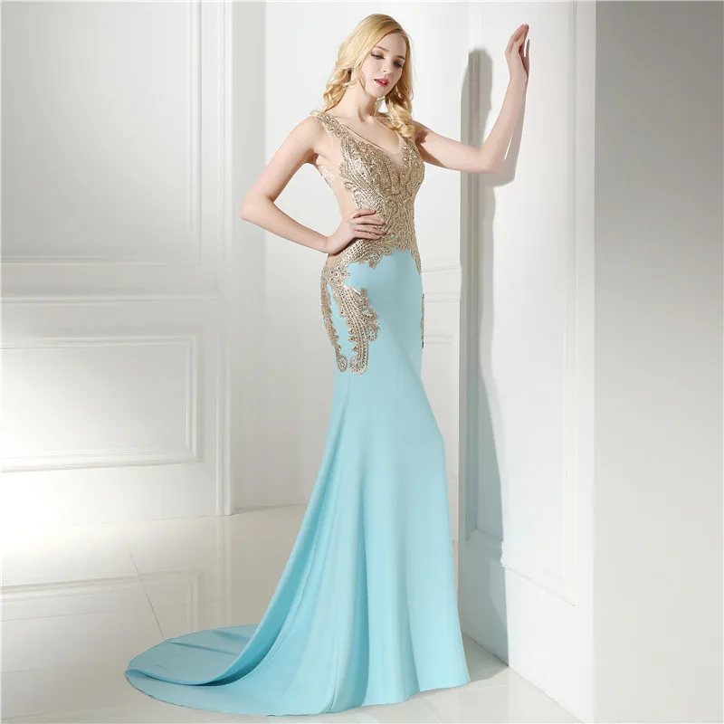 

Mermaid Light Blue And Gold Lace Real Models Rhinestone Sheer Back Prom Dresses Formal Women Vestido De Festa Gala Dress Elegant