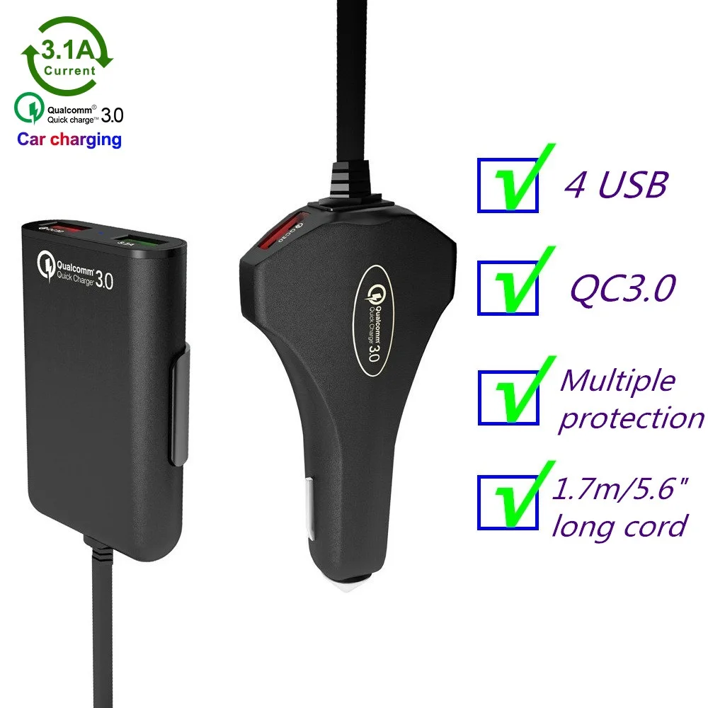 4 порта USB Автомобильное зарядное устройство молоток безопасности быстрое зарядное устройство 3,0 телефон зарядный адаптер для Iphone 8 X samsung s9 s10 huawei P30 Xiaomi 9