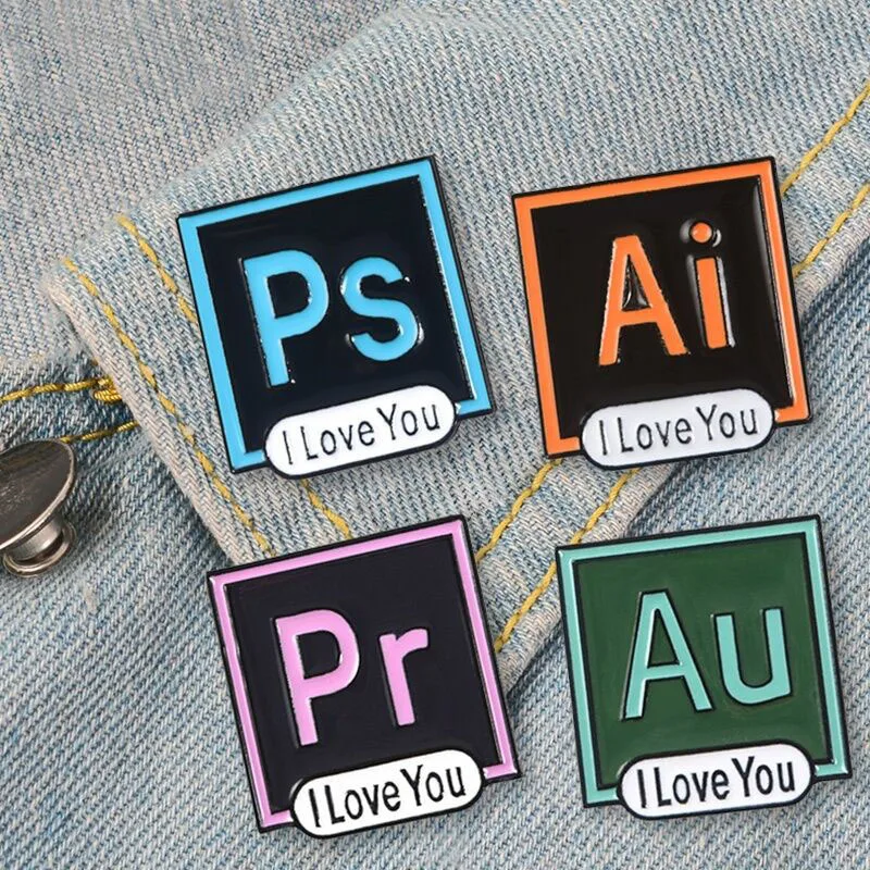 

Letter PS AI Pr Au Brooches and Enamel Pins I Love You Photoshop Illustrator Badge Custom Pastel Brooch