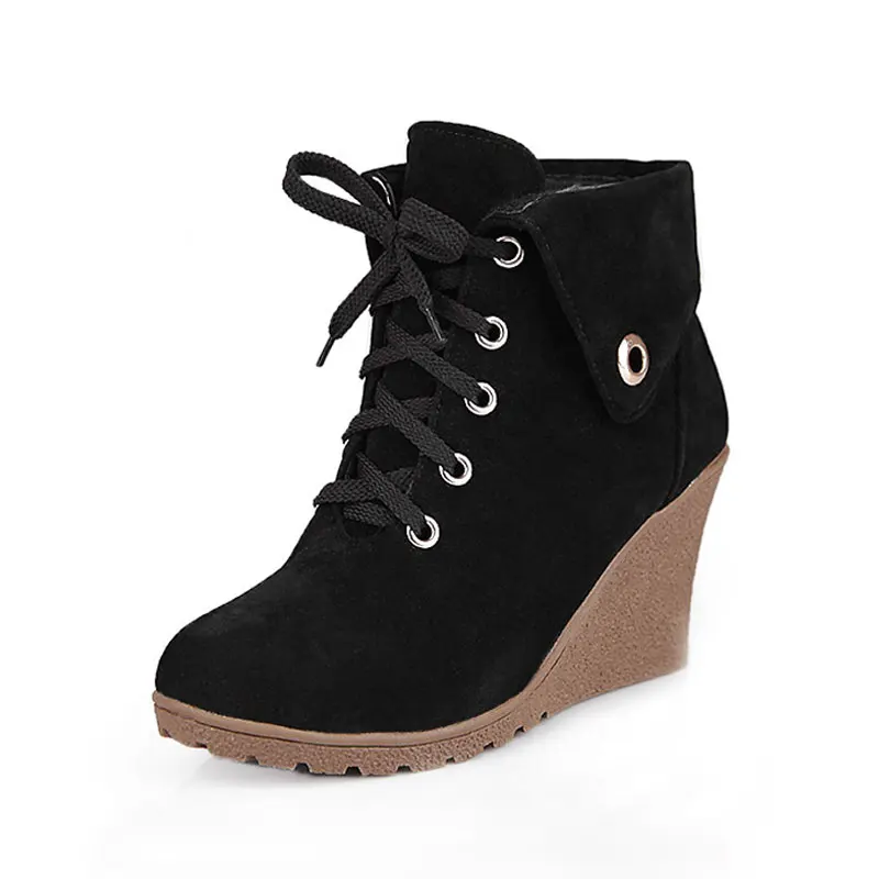 Fanyuan/ботильоны на высоком каблуке; модная обувь на танкетке в итальянском стиле; женские черные ботильоны; теплая плюшевая зимняя обувь на шнуровке; botas mujer - Цвет: black