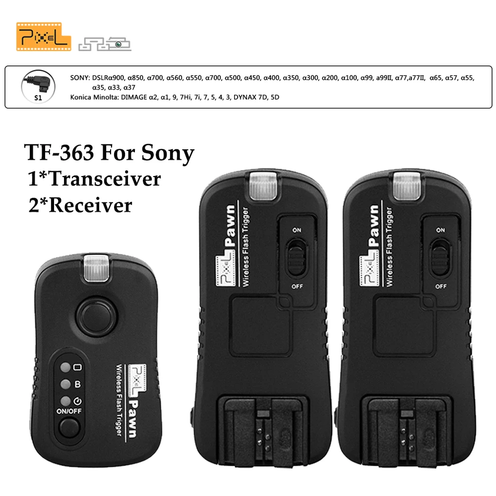 

Pixel TF-363 Wireless Flash Trigger 1x Transmitter +2x Receivers for Sony a57 a55 a35 a33 a65 a100 a200 a900 a850 a700 a560 a550