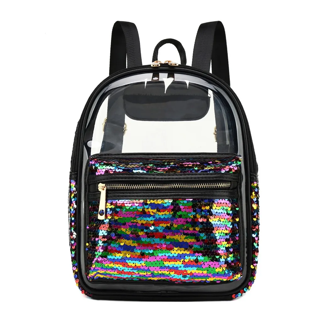 Women Clear Black Backpack Transparent Fashion Lady Sequins Bookbags
