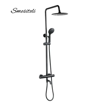 Smesiteli Matte Black Bathroom Faucet Shower 3 way Thermostatic Twin Head Set 8 inch Round Style Rainfall Handheld shower kit smesiteli classic style all copper round handheld shower head pvc hose connector adjustable wall holder black matte black finish