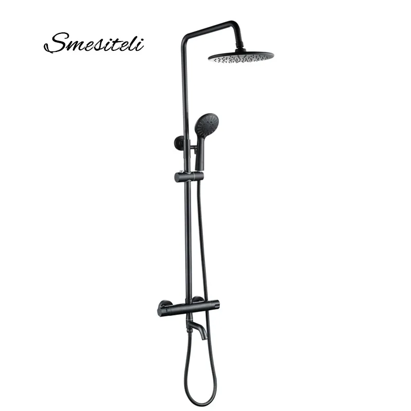 Smesiteli Matte Black Badkamer Kraan Douche 3 weg Thermostatische Twin Head Set 8 inch Ronde Stijl Neerslag handdouche kit Smesiteli Matte Black Badkamer Kraan Douche 3 weg Thermostatische Twin Head Set 8 inch Ronde Stijl Neerslag handdouche kit