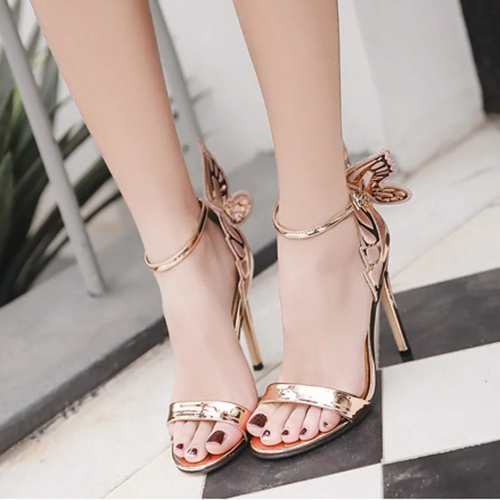 

Women's Summer Embroidery Butterfly Sandals Casual Wings High Heels Shoes Gold Sexy Women Pumps Fashion Wedding Shoes