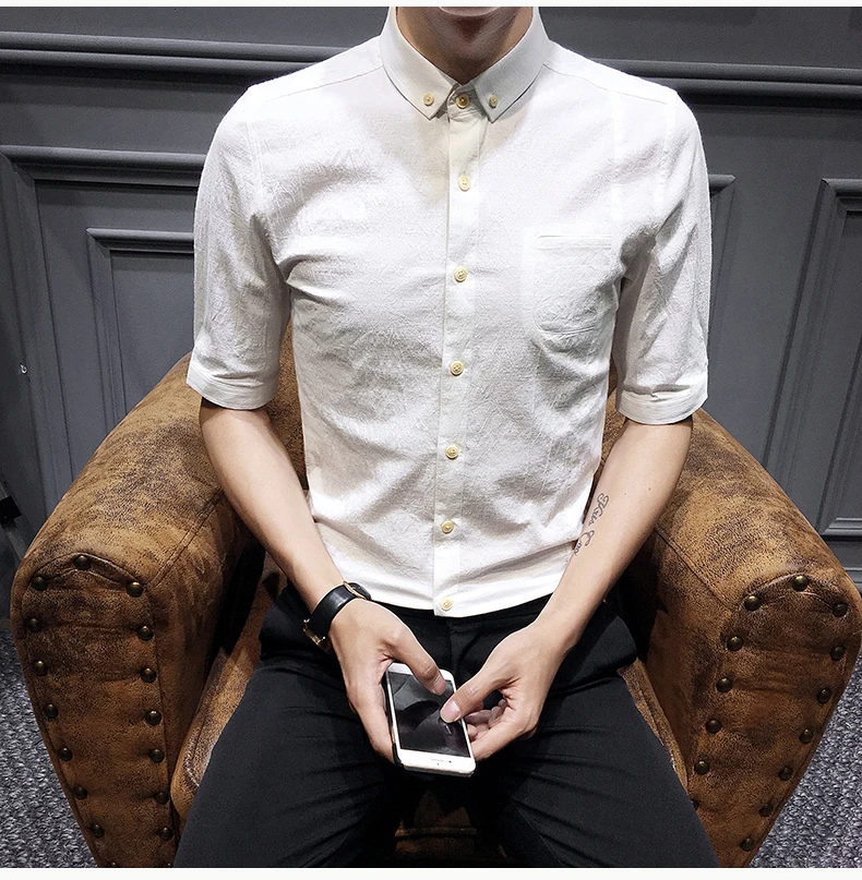 2018 Летняя мода платье в деловом стиле рубашка мужской Однотонная одежда Slim Fit Мужской рубашка Твердые Половина рукава мужской социальной
