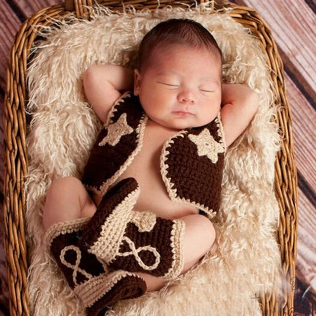 Baby Cowboy Boots and Vest Set Crochet Pattern Infant Costume Outfit  Knitted Newborn Photography Photo Props