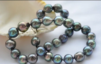 

Fashion lustre 17" 13mm peacock black almost round Edison pearl necklace 925silver earring set
