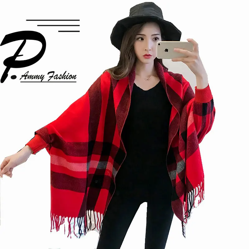 Batwing sleeve Checkered Hippie Fringe Tassel Woven Poncho Cardigans Womens Ladies Fall Winter Plaid knitted sweater Cloak shawl |