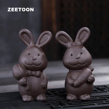 

A Pair Natural Purple Clay Little Rabbit Statue Boutique Decor Kung Fu Tea Set Accessories Tea Pets Ornaments Souvenir Crafts