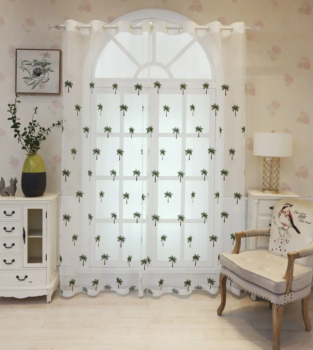 Simple Modern Coconut Tree Screen Embroidery Sheer Voile Window Drapes for Living Room Door Lace Curtains A966 (16)