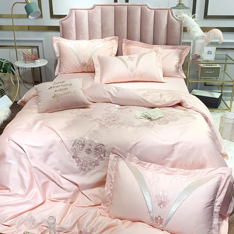 Embroidery sheet pillowcase duvet cover set New pink egyptian cotton