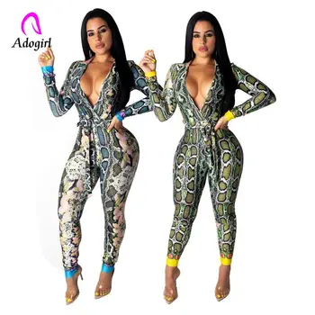 

Snake Print Jumpsuits Rompers Womens Summer Deep V Neck Long Sleeve Full Length Bodysuit Casual Club Party One Piece OL Overalls