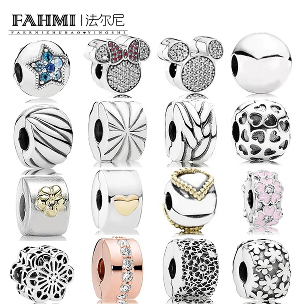 

FAHMI 100%925 Sterling Silver Jewelry Security Clip Heart-Shaped Cherry Star Daisy Tire Flower Rose Gold Clip DIY Bracelet Gift