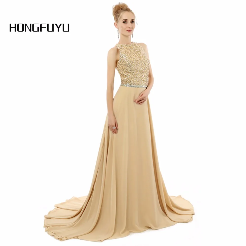Custom Made Jewel Champagne Long Evening Dresses 2019 Chiffon Beading