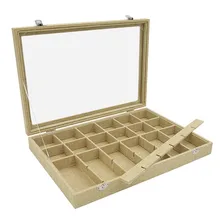 24 caja de joyería de lino de rejilla extraíble escaparate de joyas anillos de almacenamiento pendientes botones de broche organizador de joyería Vintage tapa de cristal