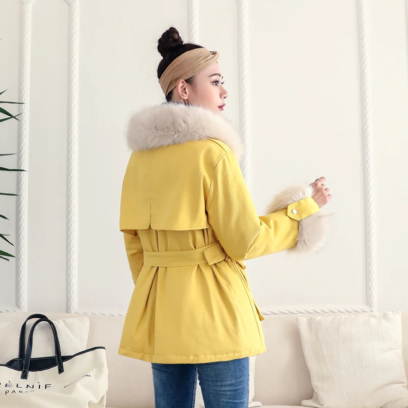 Noir Court Veste rose D'hiver Rembourré kaki Chaud jaune Ceinture Coton Manteau Amovible Fourrure Épais Manteaux Femmes Grande Parka Arrivée Nouvelle 2018 Femme x4Fnw6UU