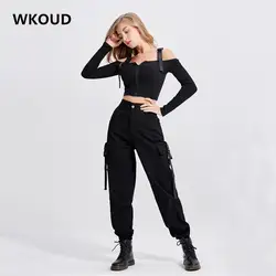 WKOUD 2019 Новый штаны-карго для женщин уличная повседневное джоггеры с поясом черный высокая талия свободные брюки корейский стиль Капри P8733