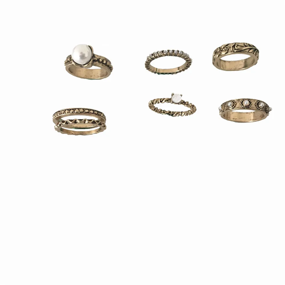 

BOHO WOMEN RING SET ANTIQUE GOLD COLOR PLATING ENGRAVED WITH PEARL 7 PIECE RING SET