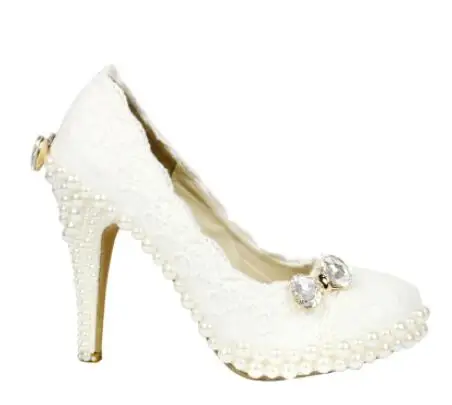 Женские белые свадебные туфли с кружевом и жемчугом; женские свадебные модельные туфли; обувь на платформе; туфли-лодочки на высоком каблуке; zapatos mujer - Цвет: 11cm heels