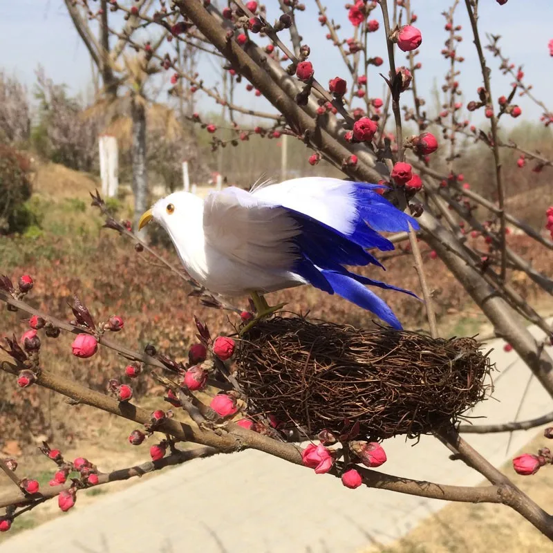 Около 13x26 см Распространение Крылья синий и белый птица модели ручной работы, полиэтилен и перья птицы, бонсай украшения игрушка