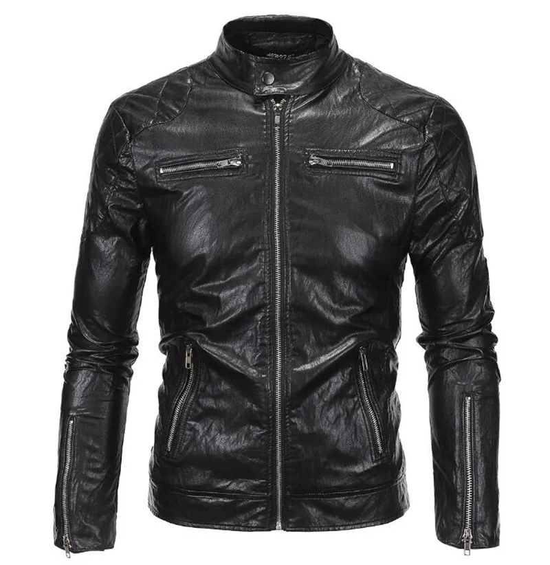 New Retro Mens Motorcycle Jacket PU Leathe Stand Collar Slim Fit Thin