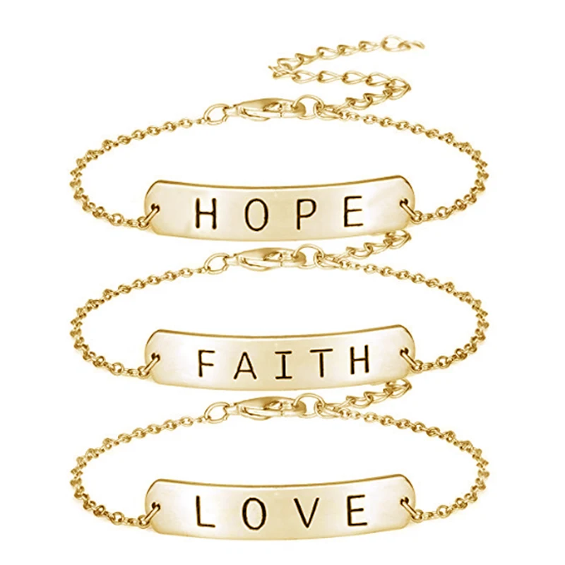 Fashion Inspirational Hope Love Faith Charm Bracelet Gold Silver Color Chain Bracelets For Women Men Stainless Steel Jewelry | Украшения и
