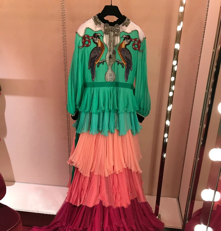 

2019 Spring runways diamonds layered dress high quality embroidery long sleeves Bohemian dress women's Birthday party dress G052