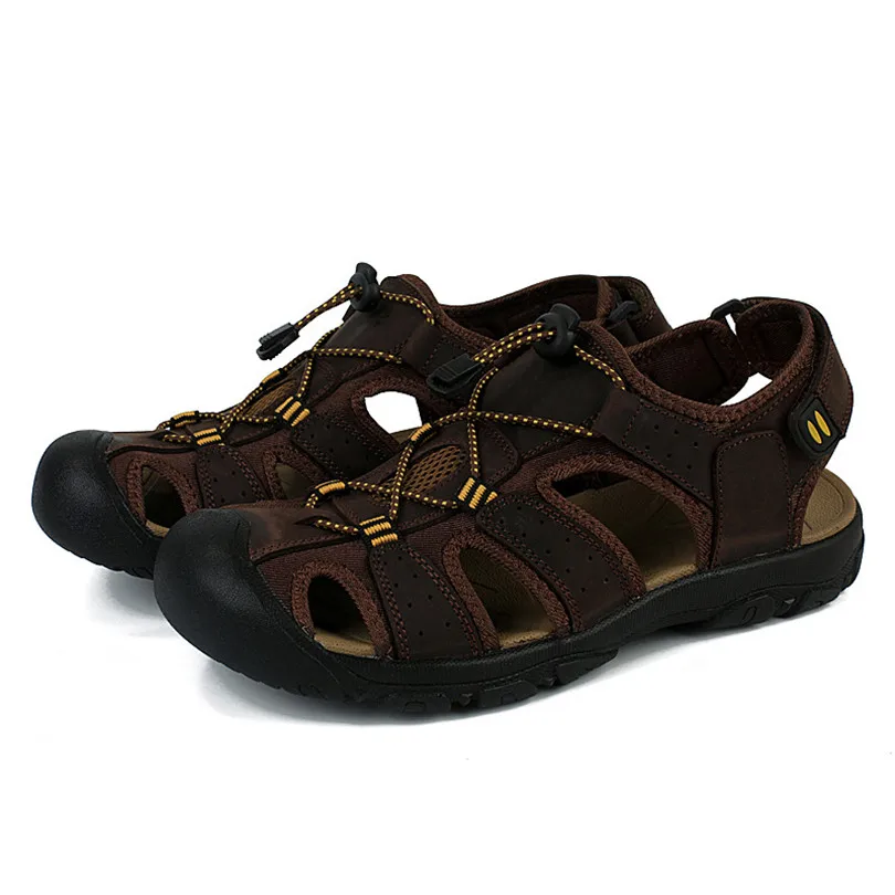 LIN KING Plus Size 50 Men Sandals Genuine Leather Summer Beach Sandals Soft Sole Casual Sports Sandals Comfortable Outdoor Shoes