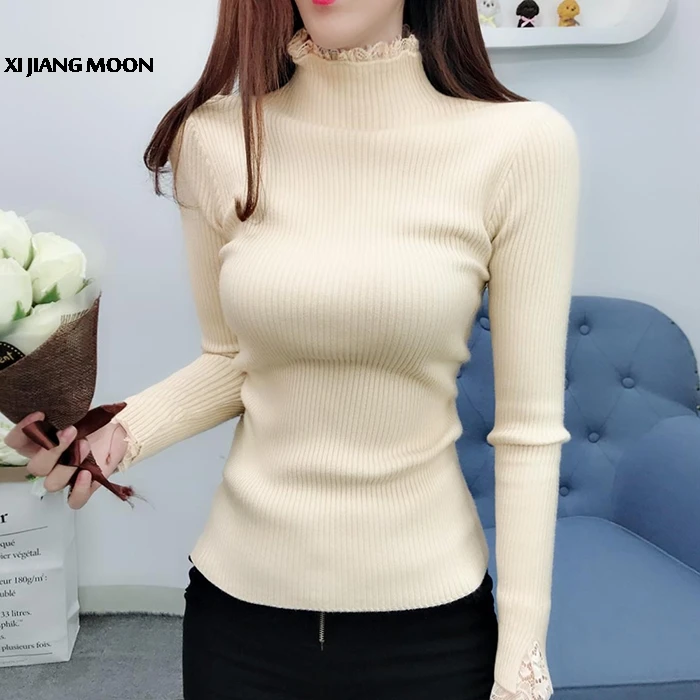 2018 Autumn Winter New Women Lace Turtleneck Sweater Female Thicken Pullover Slim Shrug Long-Sleeved Kniting Sweater R641