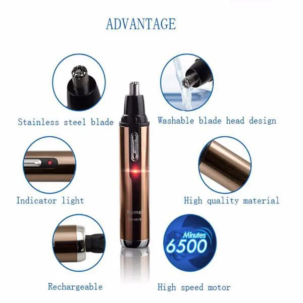 New Hot Sale Modern Design Portable Safely KEMEI KM-6619 Rechargeable Nose & Ear Hair Removal Trimmer Home Travel Champagne -6