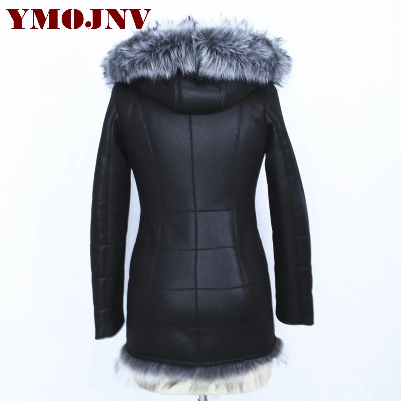 YMOJNV Роскошная зимняя куртка с капюшоном и воротником из искусственного лисьего меха, женская черная утепленная зимняя куртка больших размеров, женская тонкая верхняя одежда