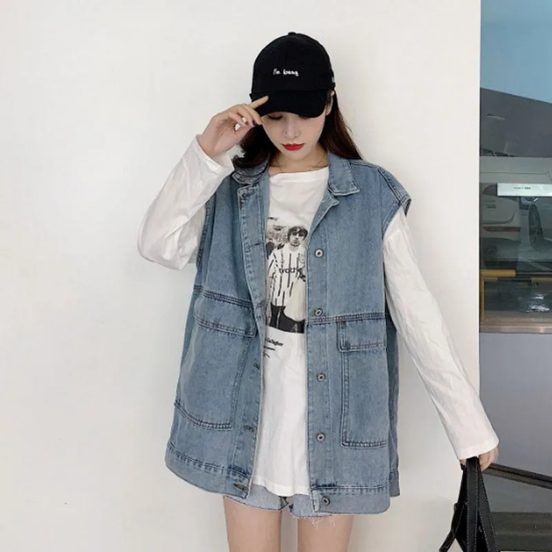 

Jeans Vests for Women Casual Tooling Denim Jacket Korean Female Loose Long Large Pocket Washed Denim Vest Plus Size Streetwear