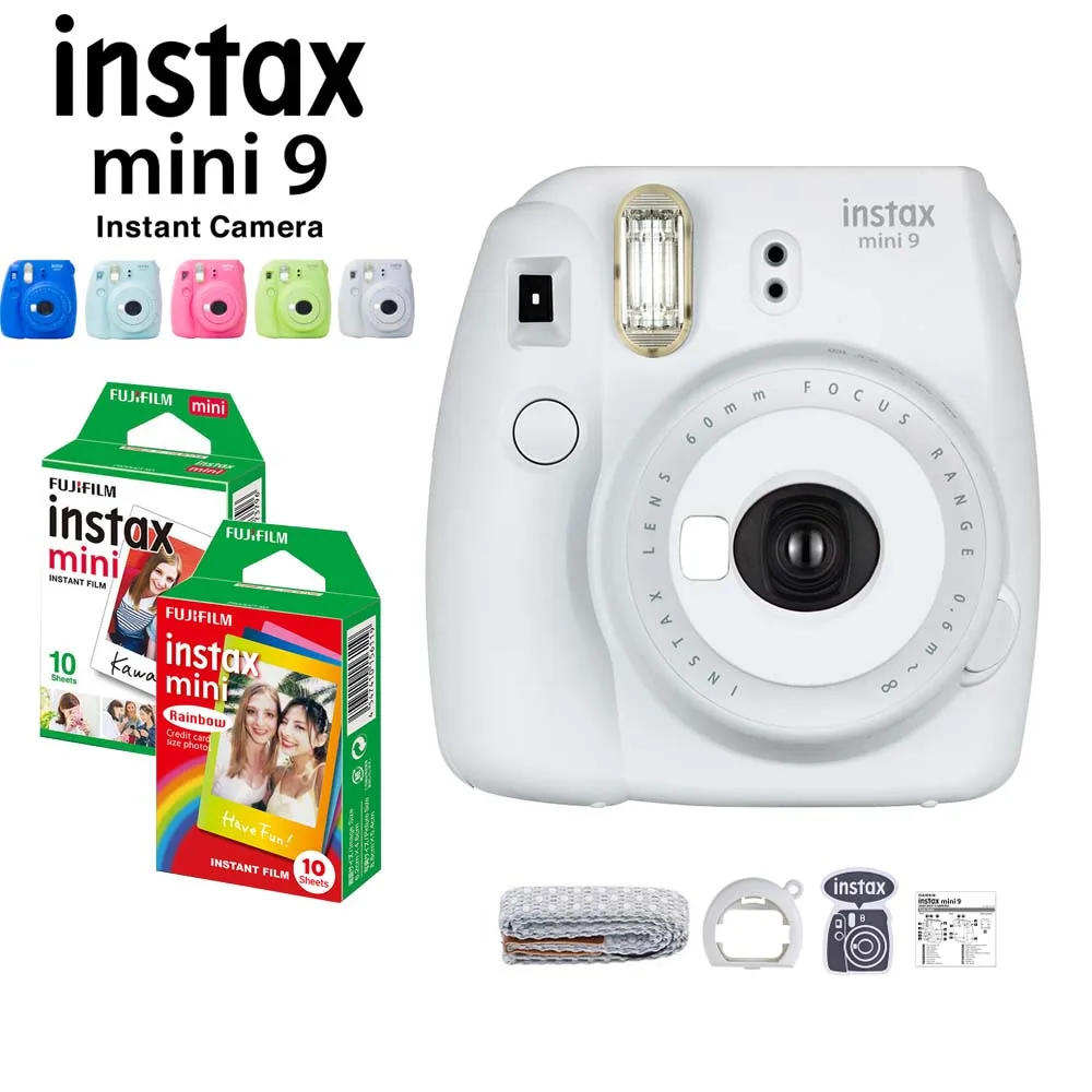 5 цветов Fujifilm Instax Mini 9 мгновенная камера+ Fuji Instax Мини пленка белый/Радуга 20 шт фотобумага+ крупным планом объектив+ ремешок