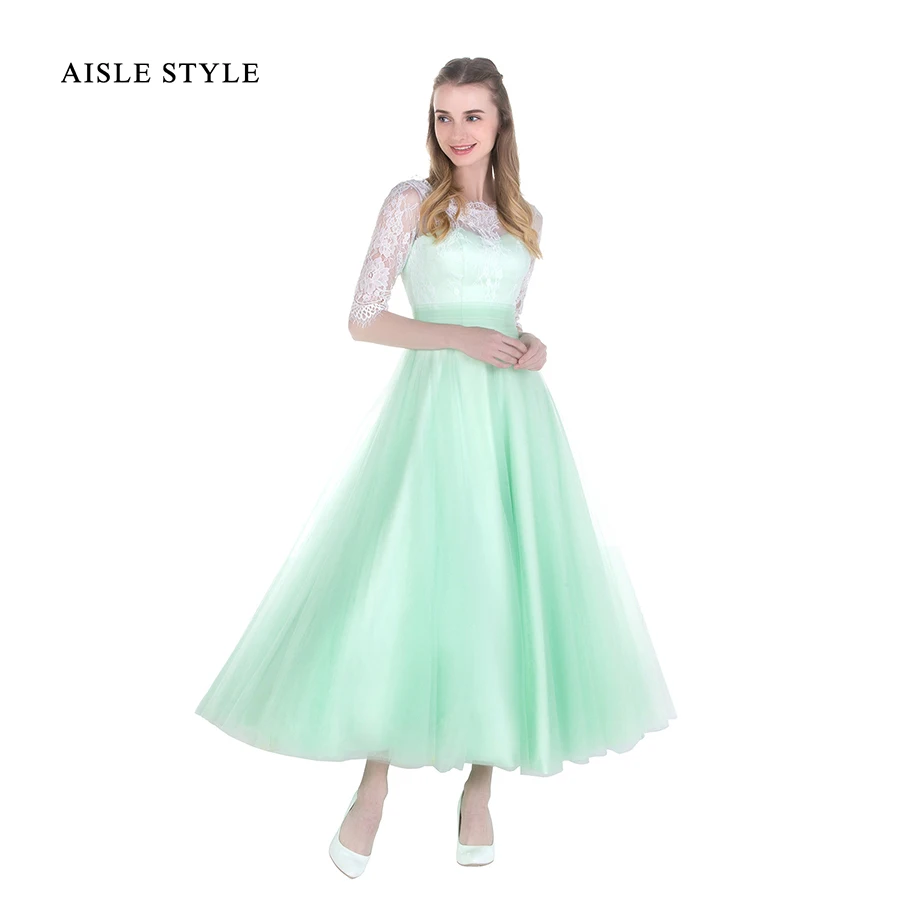 Aisle Style 2017 New Tea Length Bridesmaid Dresses White Lace Sage