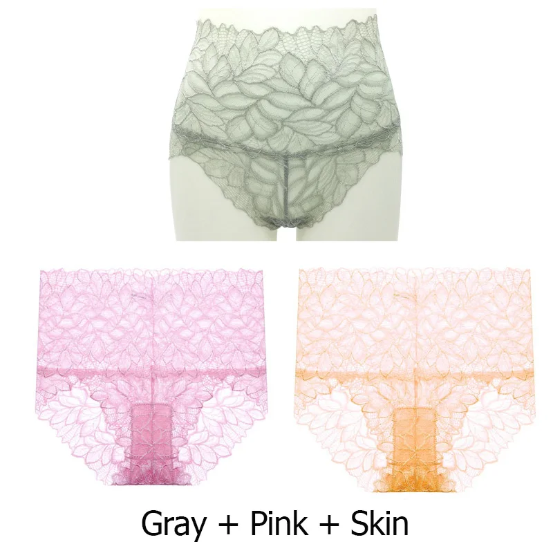 gray pink skin 3 шт./лот, мягкие женские сексуальные кружевные трусики, высокая талия, бесшовное нижнее белье, женские трусики, хлопковые трусы - Цвет: gray pink skin