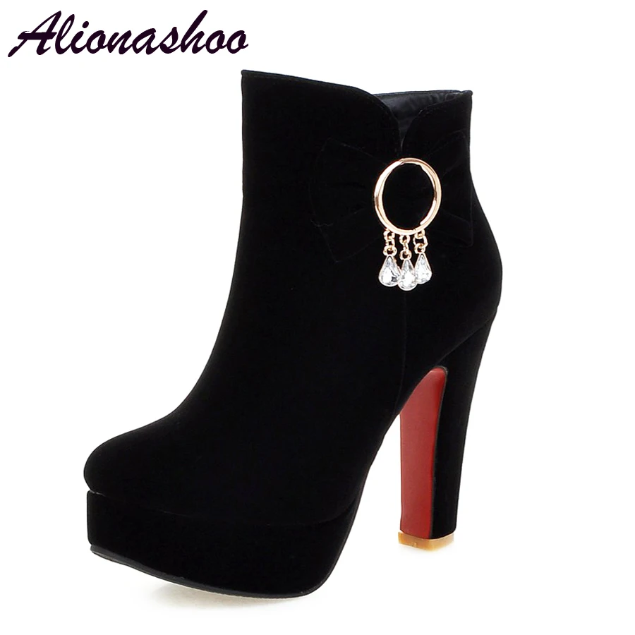 

Alionashoo Winter Flock Boots Women Warm bota feminina Ankle Boots Motorcycle zipper Knots Shoes Woman High Thick Heel Boots