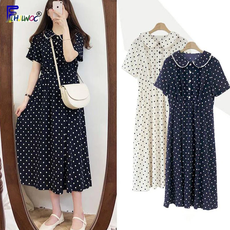 

Women Summer Dress Korean Japan Preppy Style Clothes Cute Girls Peter Pan Collar White Blue Polka Dot Vintage Shirt Dress 5163