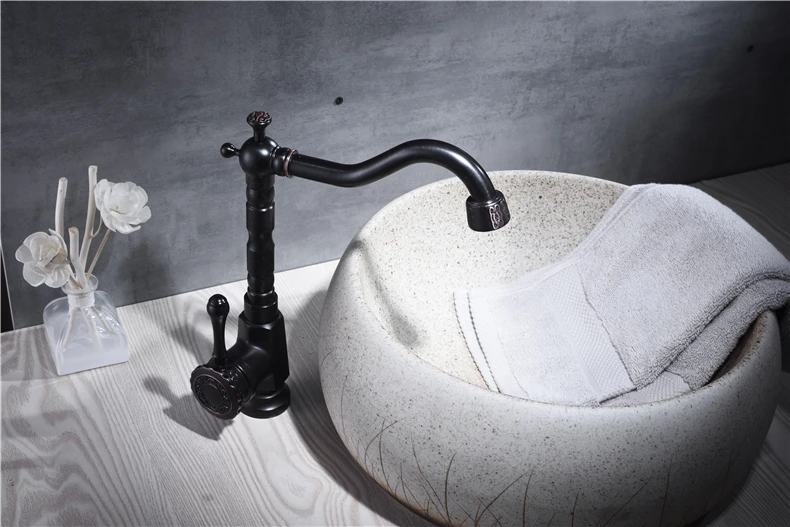 ZGRK смеситель для раковины Черный латунный ретро кран для раковины ванной комнаты с одной ручкой Высокий арочный поворотный носик кухонный смеситель