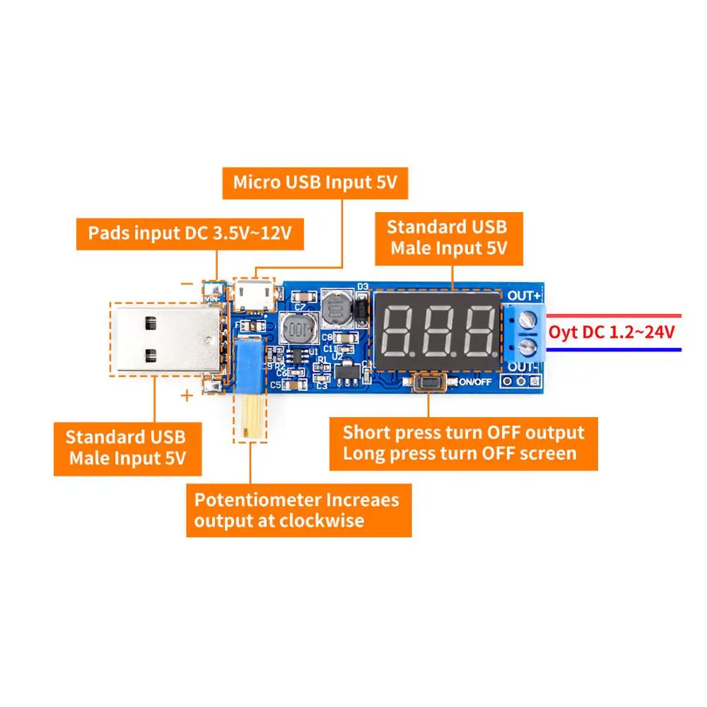 

DC-DC 5V to 3.5V / 12V USB Step UP / Down Power Supply Module Adjustable Boost Buck Converter Out DC 1.2V-24V