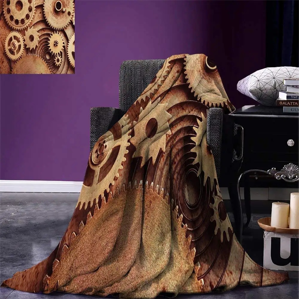 Industrial Throw Blanket Inside The Clocks Theme Gears Mechanical Device Image in Steampunk Style Print Flannel for Beds | Дом и сад