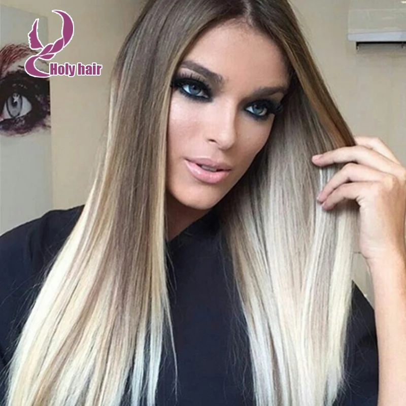 Ombre Blonde Brazilian Hair Lace Front Wigs Straight Middle Part