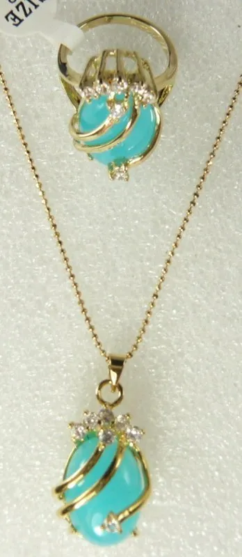 fine 18KGP light blue jade CZ pendant ring #6,7,8,9 set