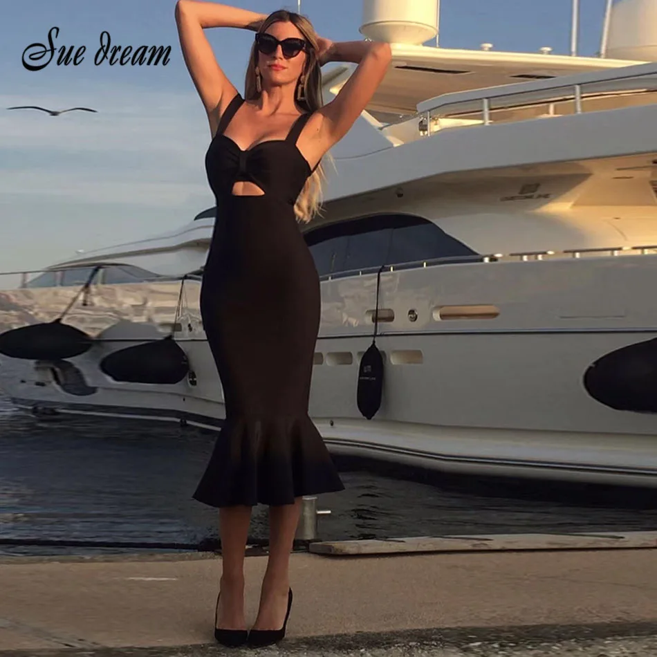 

New summer ladies strap dress 2018 blue black bandage dress mermaid hollow sexy party dress vestido
