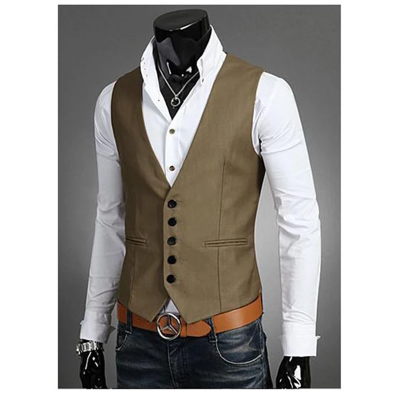 Fashion high quality men's suit vest khaki V neck Slim casual vest