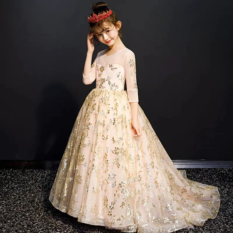 2018 Kinderen Meisjes Luxe Noble Wedding Party Avond Lovertjes Lange Mesh Staart Jurk Kids Teens Hoogwaardige Host Kostuum Jurk 2018 Kinderen Meisjes Luxe Noble Wedding Party Avond Lovertjes Lange Mesh Staart Jurk Kids Teens Hoogwaardige Host Kostuum Jurk